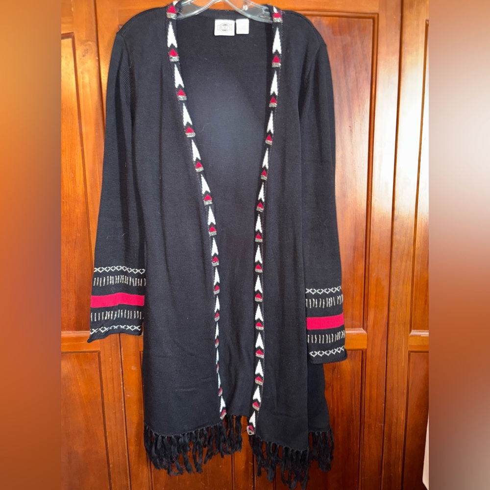 Elegant Black and Red Women's Cardigan with Fringe
